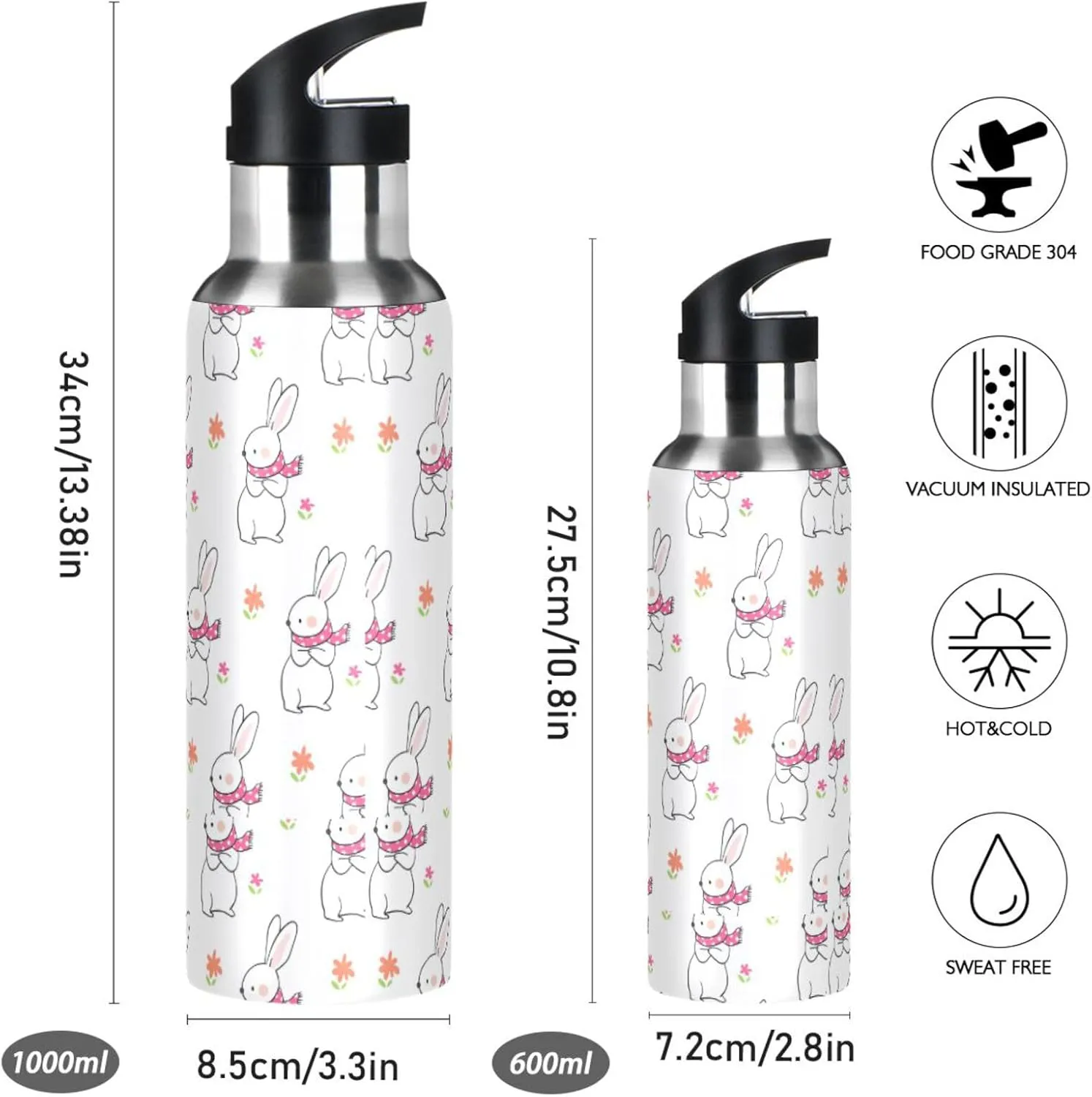 Cute Rabbit Water Bottle with Straw Lid Double Wall Flower Thermos Bottle Vacuum Insulated Flask Stainless Steel Water Bottle for Gym Outdoor 35 OZ
