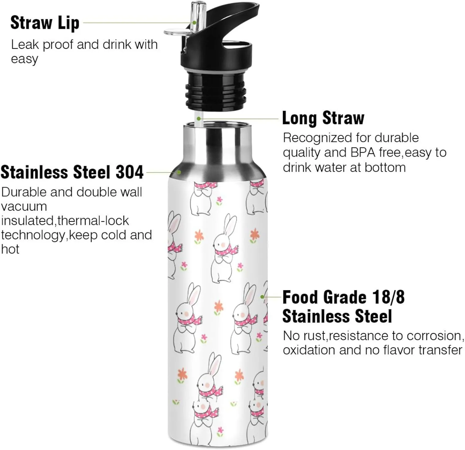 Cute Rabbit Water Bottle with Straw Lid Double Wall Flower Thermos Bottle Vacuum Insulated Flask Stainless Steel Water Bottle for Gym Outdoor 35 OZ