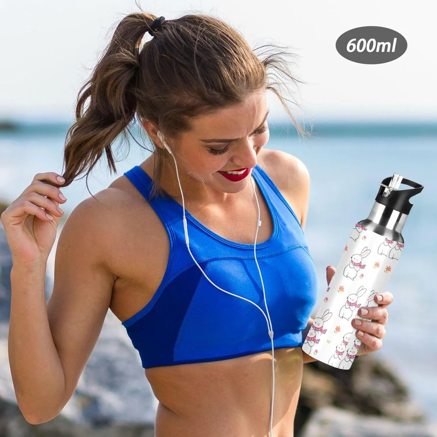 Cute Rabbit Water Bottle with Straw Lid Double Wall Flower Thermos Bottle Vacuum Insulated Flask Stainless Steel Water Bottle for Gym Outdoor 35 OZ