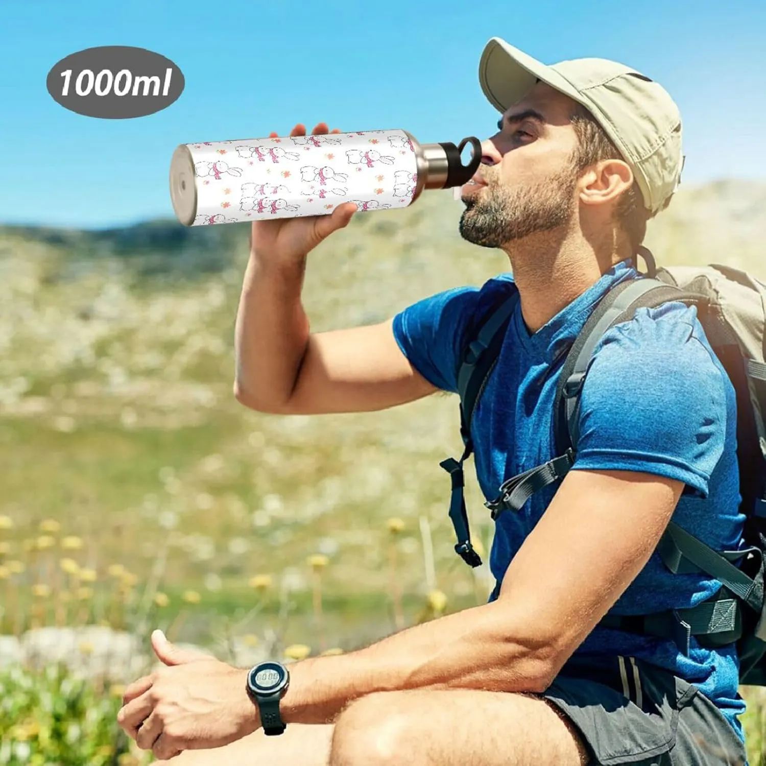 Cute Rabbit Water Bottle with Straw Lid Double Wall Flower Thermos Bottle Vacuum Insulated Flask Stainless Steel Water Bottle for Gym Outdoor 35 OZ