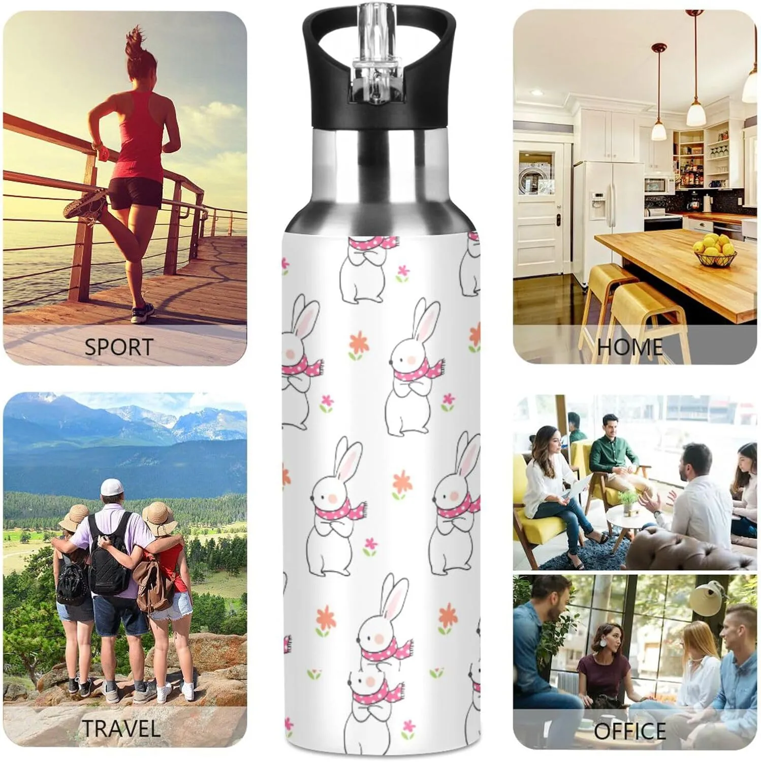 Cute Rabbit Water Bottle with Straw Lid Double Wall Flower Thermos Bottle Vacuum Insulated Flask Stainless Steel Water Bottle for Gym Outdoor 35 OZ