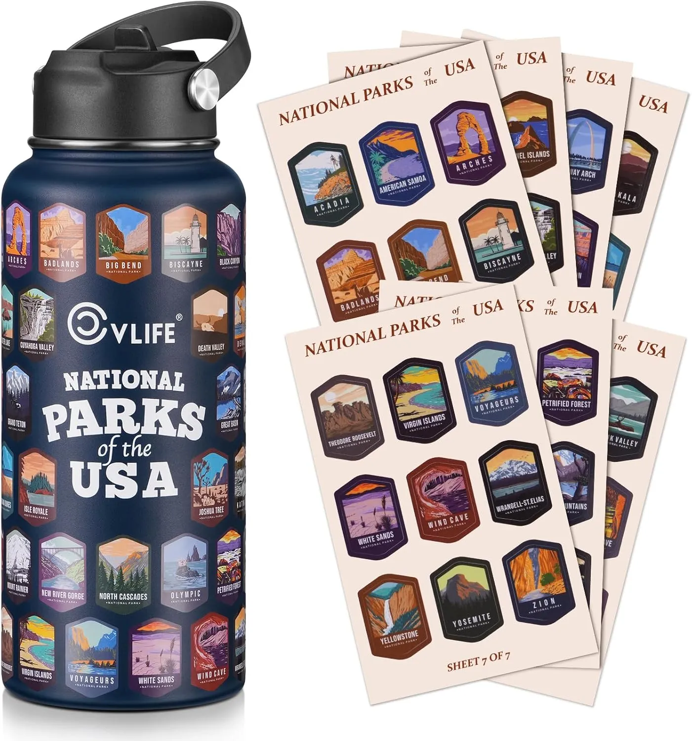 CVLIFE National Parks Water Bottle with 63 Waterproof Park Stickers, 32 oz Leakproof Insulated Water Bottle, 304 Stainless Steel for Hikers (Blue)