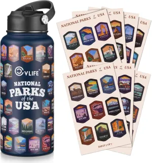 CVLIFE National Parks Water Bottle with 63 Waterproof Park Stickers, 32 oz Leakproof Insulated Water Bottle, 304 Stainless Steel for Hikers (Blue)