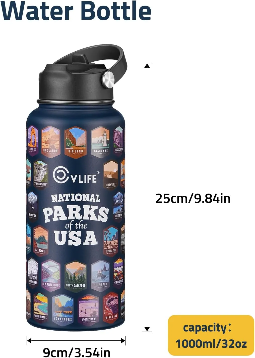 CVLIFE National Parks Water Bottle with 63 Waterproof Park Stickers, 32 oz Leakproof Insulated Water Bottle, 304 Stainless Steel for Hikers (Blue)