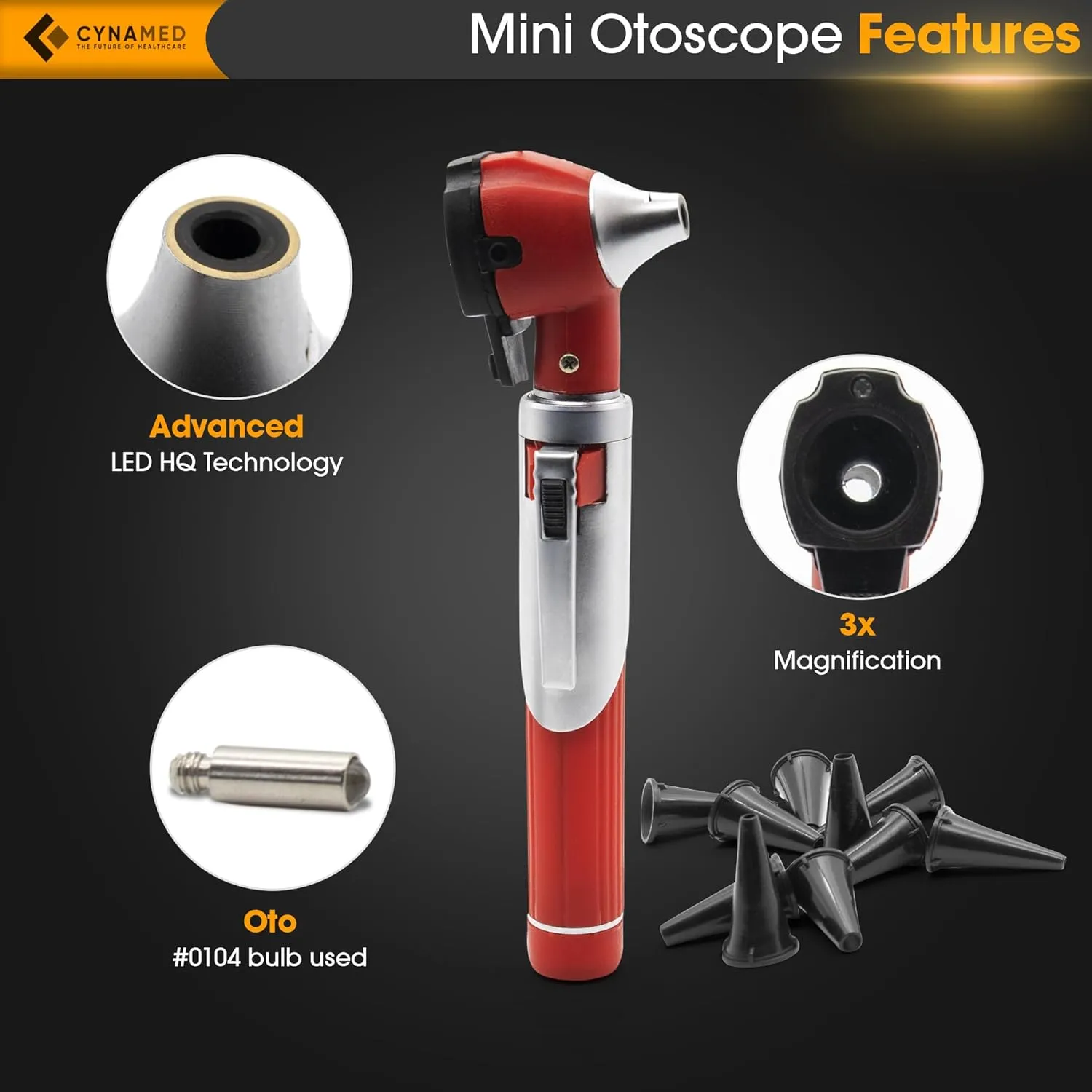 Cynamed Mini Otoscope - Portable Ear Light and Exam Kit for Home and Professional Use - 4X Magnifying Fiber Optic Scope with Spare Tips, Bulb, and Carrying Case (Red)