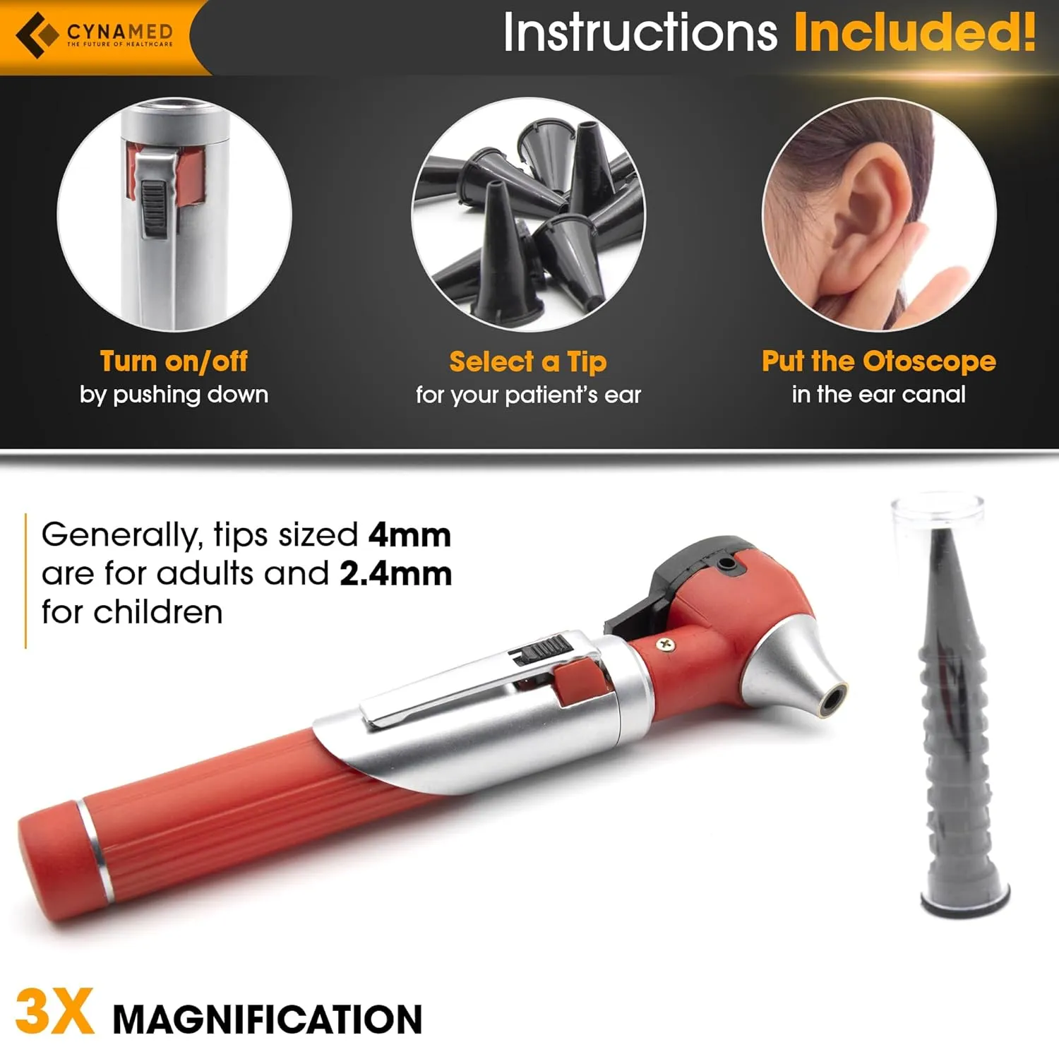 Cynamed Mini Otoscope - Portable Ear Light and Exam Kit for Home and Professional Use - 4X Magnifying Fiber Optic Scope with Spare Tips, Bulb, and Carrying Case (Red)