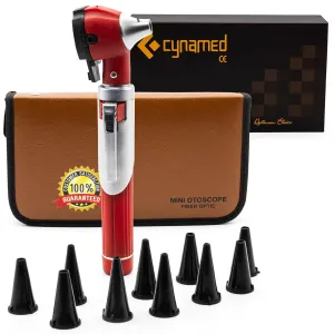Cynamed Mini Otoscope - Portable Ear Light and Exam Kit for Home and Professional Use - 4X Magnifying Fiber Optic Scope with Spare Tips, Bulb, and Carrying Case (Red)