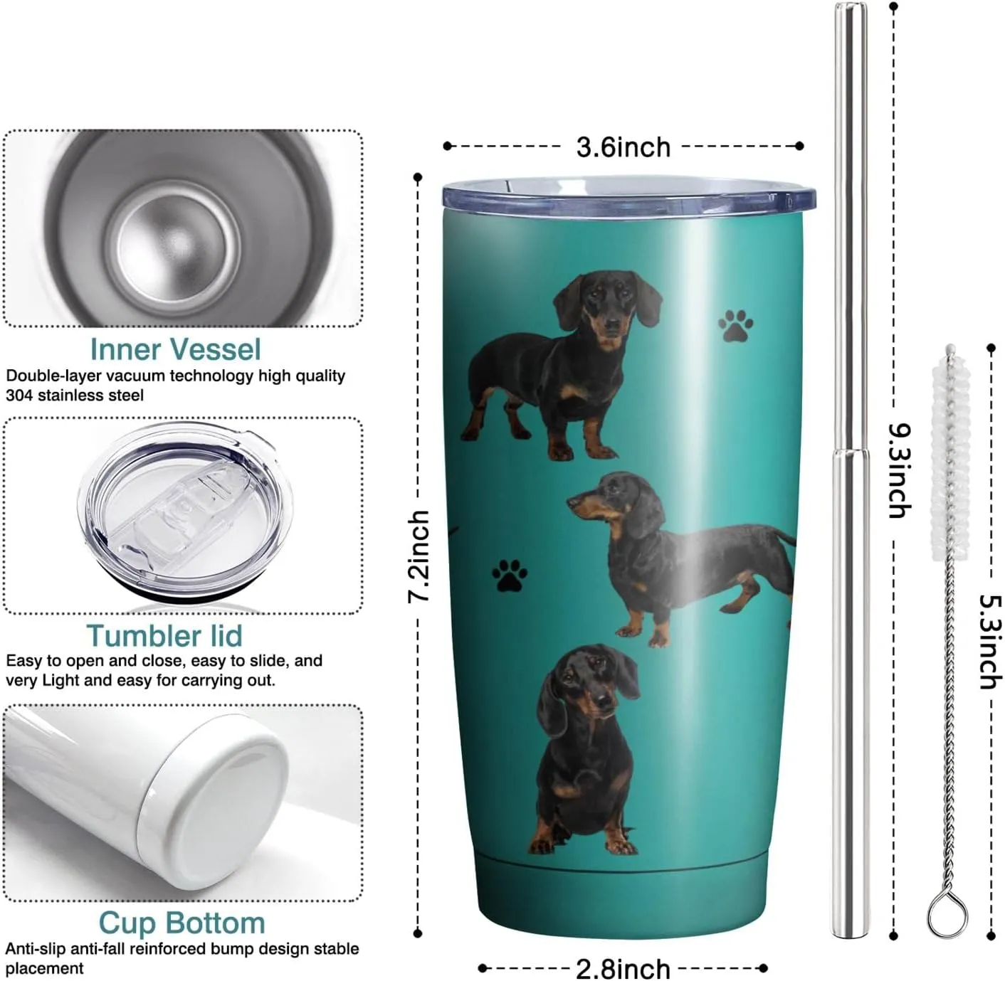 Dachshund Dog Tumbler Stainless Steel Insulated Travel Coffee Cups with Lid and Straw,Ideal Memorial Gift for Dog Dad/Mom,20oz