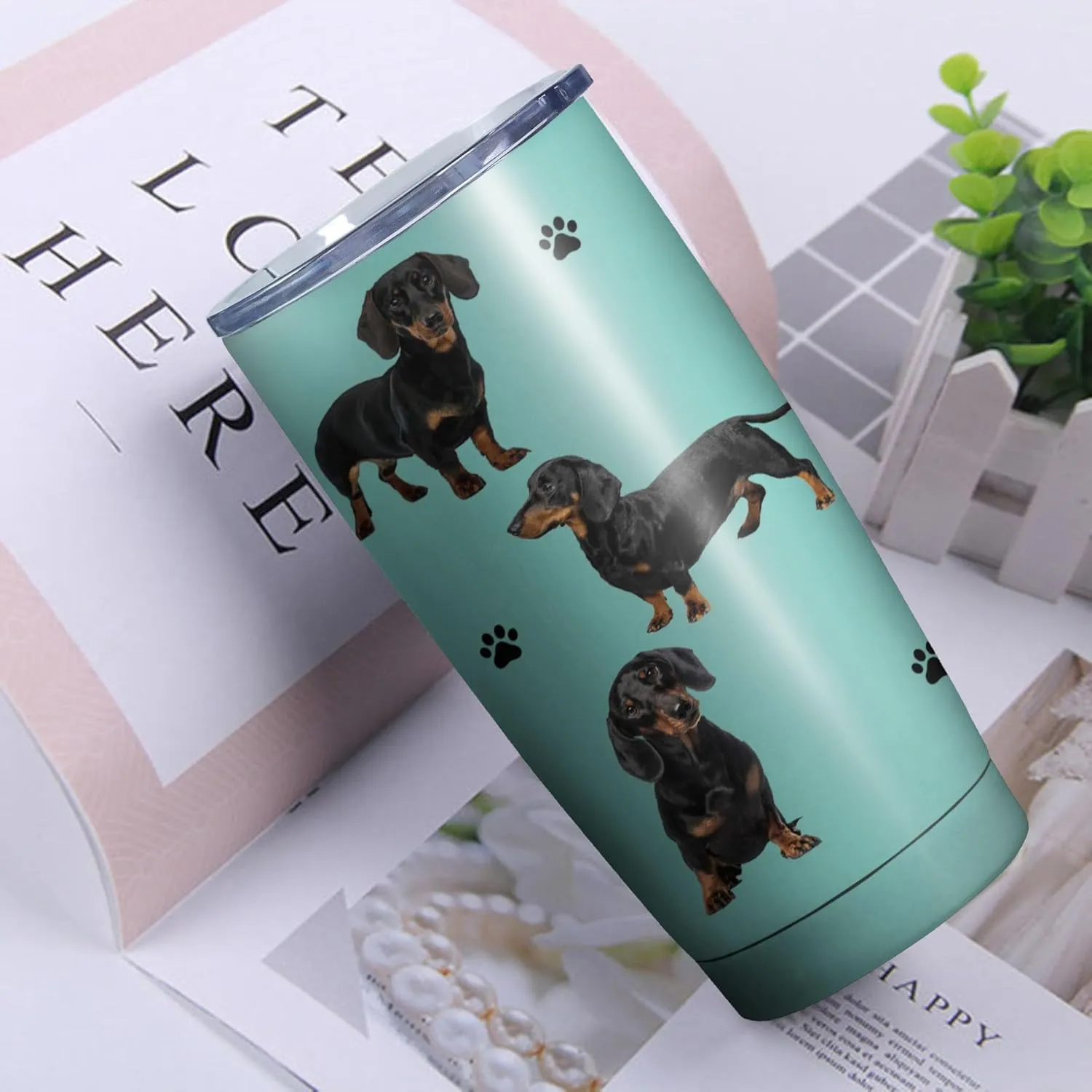Dachshund Dog Tumbler Stainless Steel Insulated Travel Coffee Cups with Lid and Straw,Ideal Memorial Gift for Dog Dad/Mom,20oz