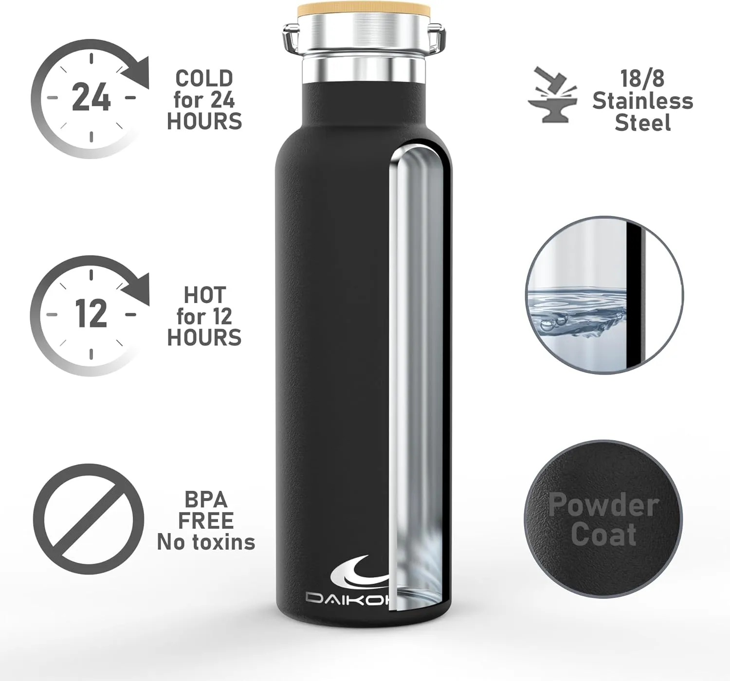 Daikoku Stainless Steel Water Bottle – 1L – Thermal Bottle – Cold 24 Hours and Hot Drinks 12 Hours – Water Bottle Leakproof – Double Walled BPA Free – Thermal Bottle – Black
