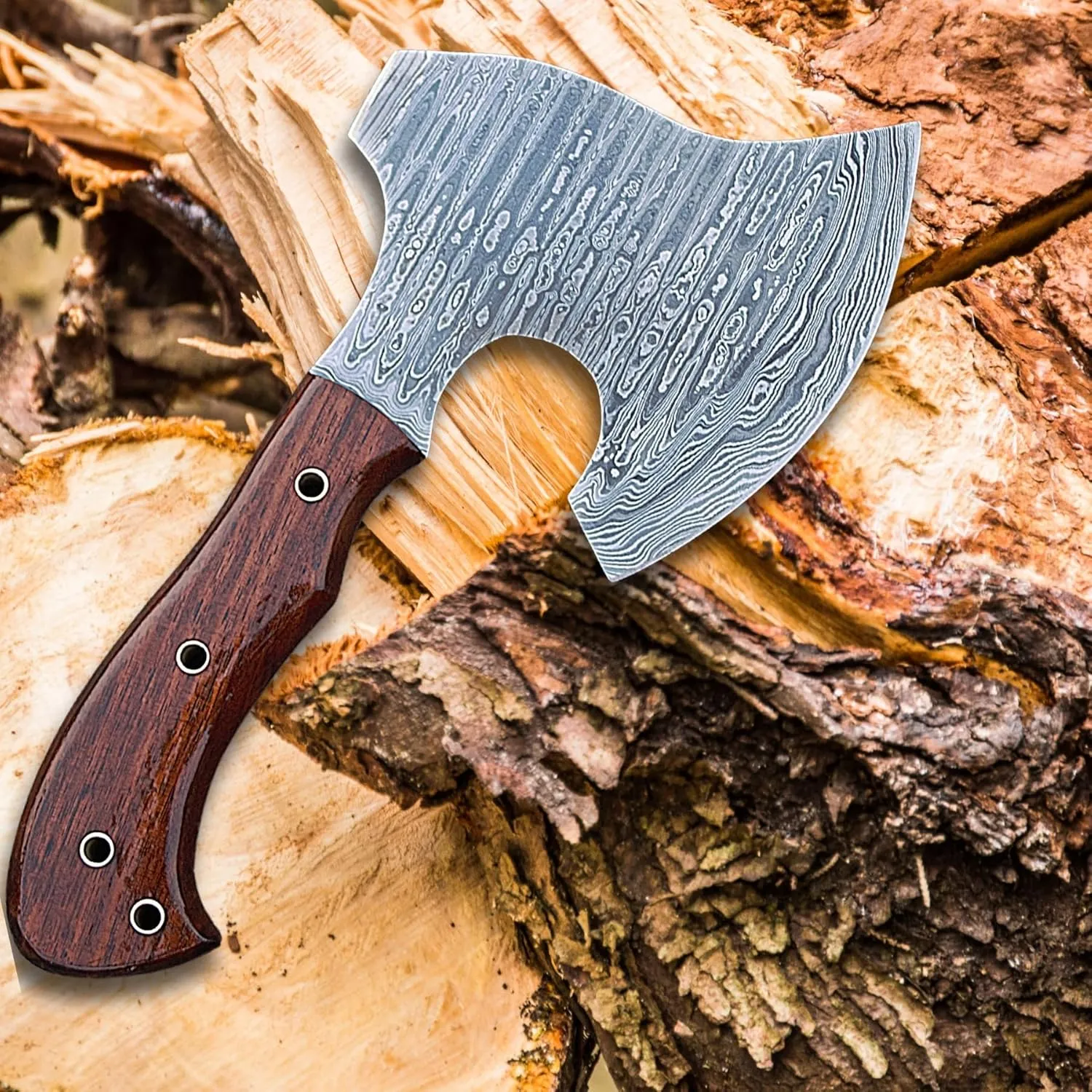 Damascus Camping Hatchet Throwing Hatchet with Sheath Handmade 9.5 Inch Full Tang Small Axe for Wood Cutting, Kindling and Backpacking 3772