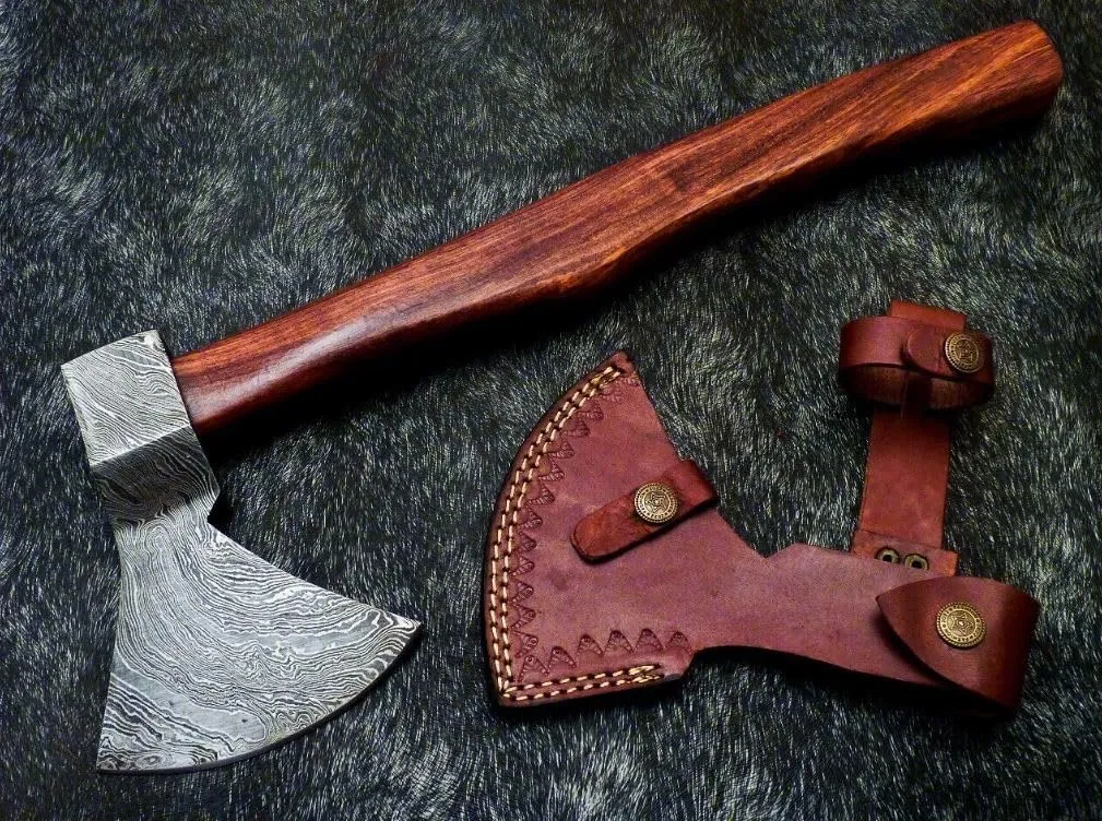 Damascus Steel Axe Hatchet Viking Axe with Leather Sheath 18 inches