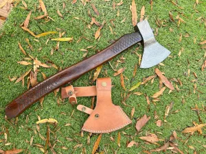 Damascus Steel Axe Tomahawk Hatchet Integral Viking Throwing with Leather Sheath Long Handle