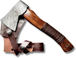 Damascus Steel Camping Hatchet Axe Tool Wood Splitting - Small Chopping Axe Hatchet with Sheath - Bushcraft Axe Camp Backpacking Hatchet - Forged Hand Axe Firewood Gardening Axes for Survival