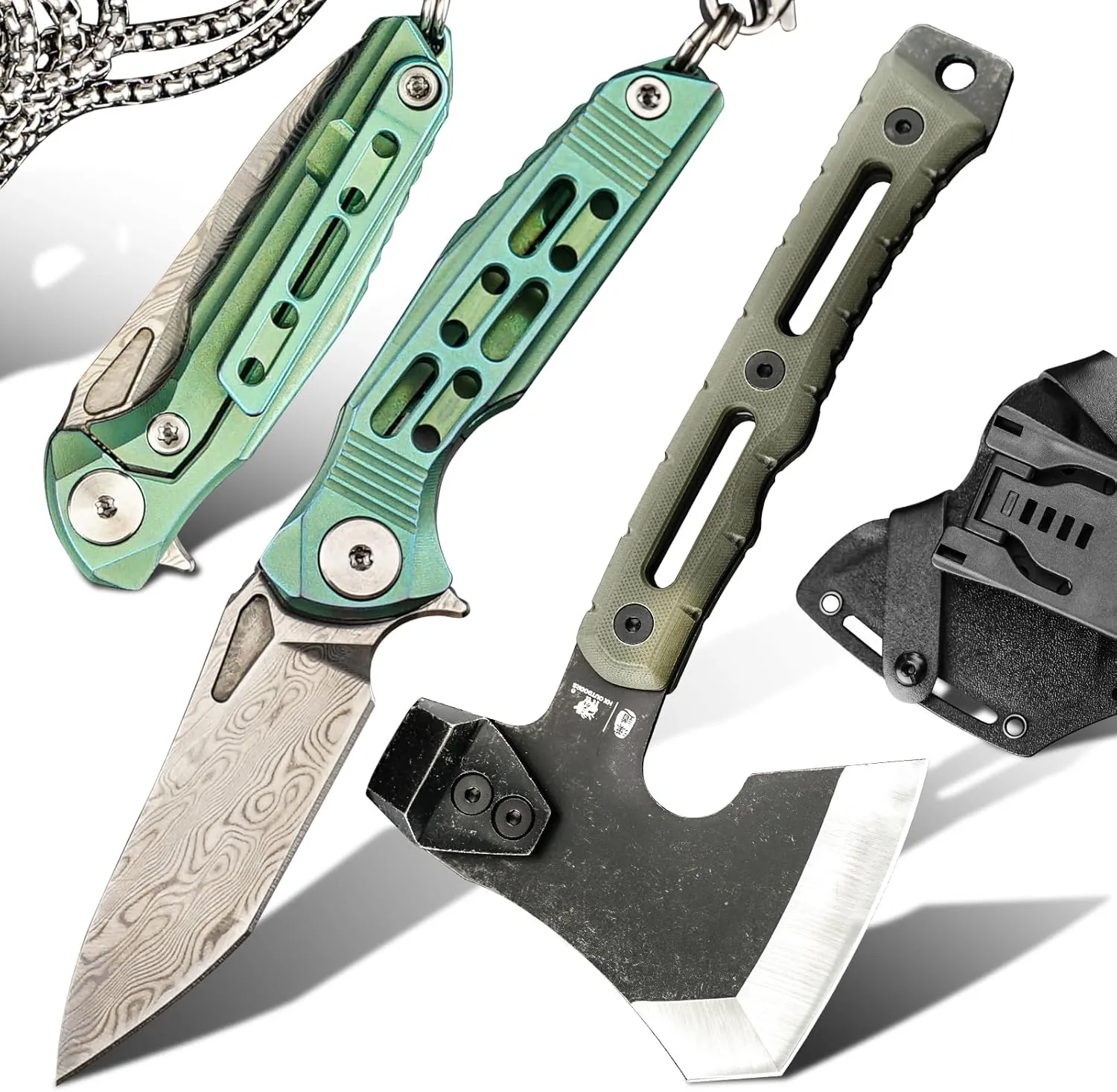 Damascus Steel Mini Neck Knife, Small Survival Camping Hatchet