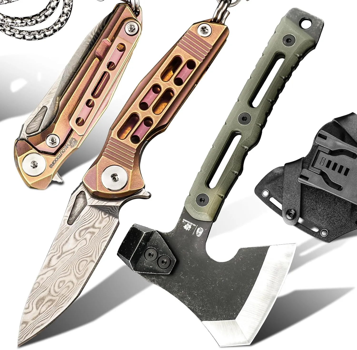 Damascus Steel Mini Neck Knife, Small Survival Hatchet