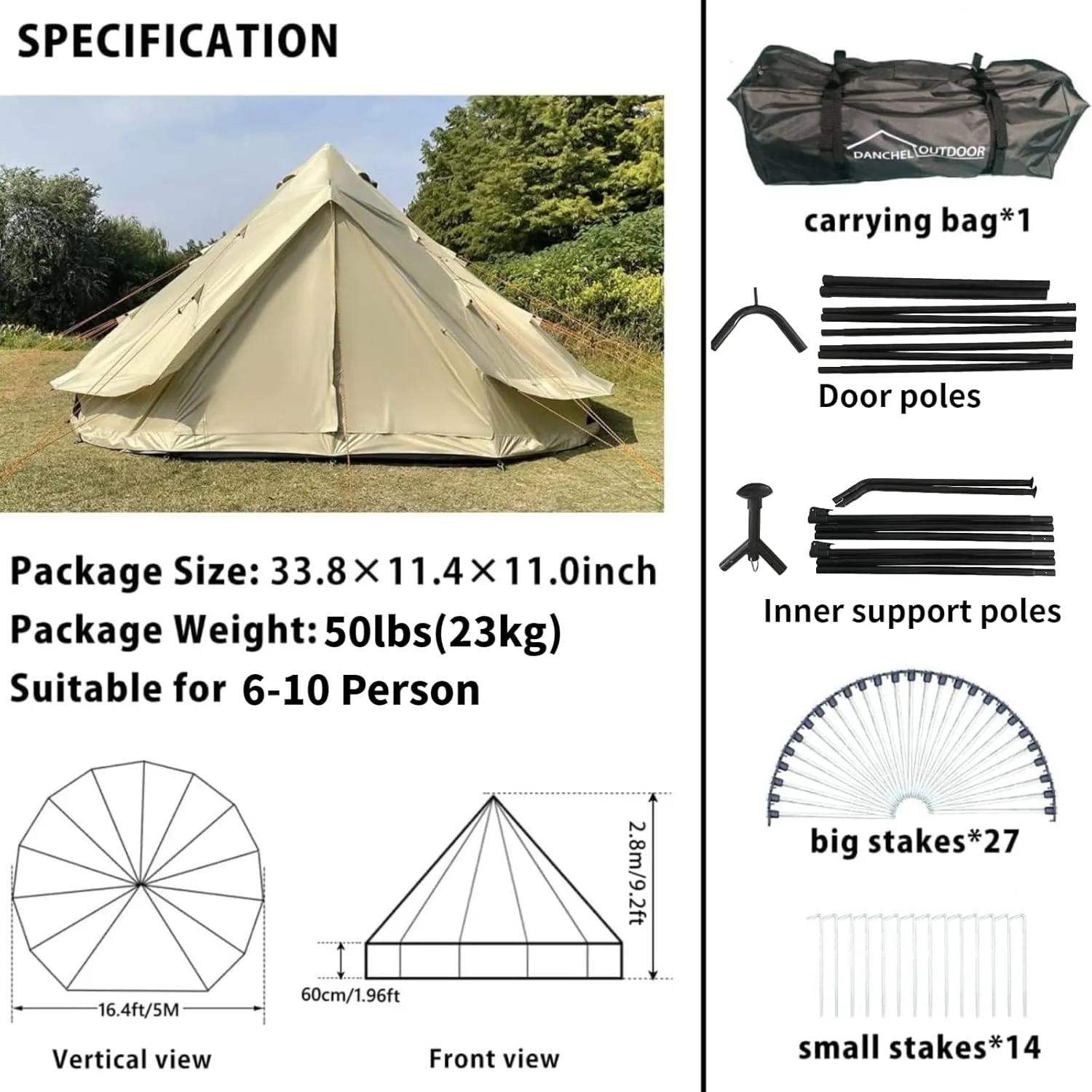 DANCHEL OUTDOOR B2A Waterproof Roomy Interior Yurt Tent, No Center Pole Bell Tent 4/8 Person Family Camping Glamping, 4 Season Hot Tents with Stove Jack 300D Oxford Nylon, 13ft/16.4ft Khaki