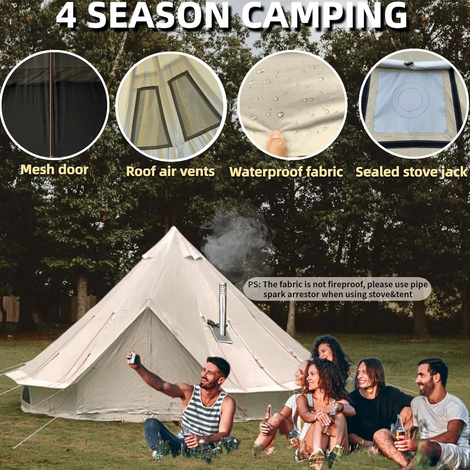 DANCHEL OUTDOOR B2A Waterproof Roomy Interior Yurt Tent, No Center Pole Bell Tent 4/8 Person Family Camping Glamping, 4 Season Hot Tents with Stove Jack 300D Oxford Nylon, 13ft/16.4ft Khaki