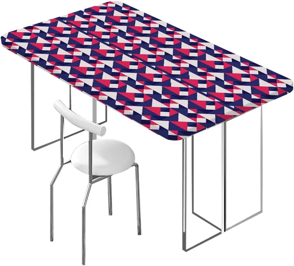 Dark Blue Red White Tablecloth Elastic Edge Fitted Pattern in Colorful Bars Soft-Touch Fitted Table Cloth, Waterproof Oil-Proof Table Cover Abstract Fits up 5 Foot Tables