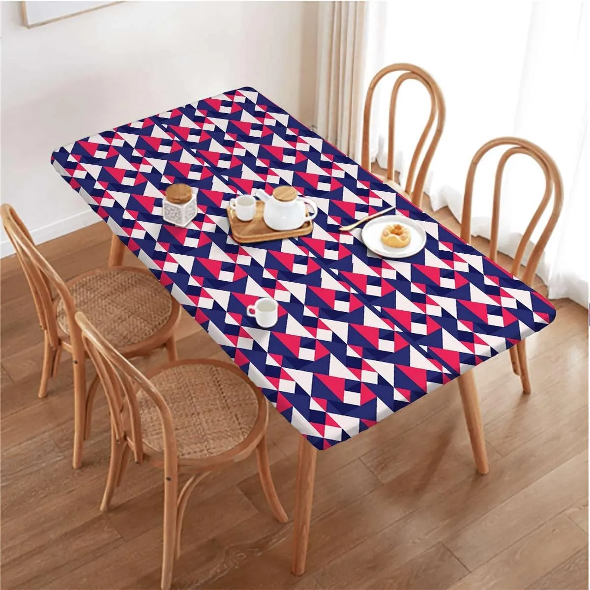 Dark Blue Red White Tablecloth Elastic Edge Fitted Pattern in Colorful Bars Soft-Touch Fitted Table Cloth, Waterproof Oil-Proof Table Cover Abstract Fits up 5 Foot Tables