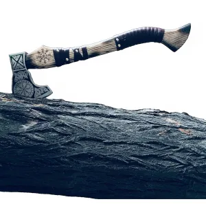 [DARK WARRIOR] Handmade Forged Carbon Steel Aegishjalmr Viking Axe with Sheath - Traditional Norse Bearded Axe Hatchet - 'Helm of Awe' Symbol Hand Craved Solid Handle (Aegishjalmr Viking Axe 22")