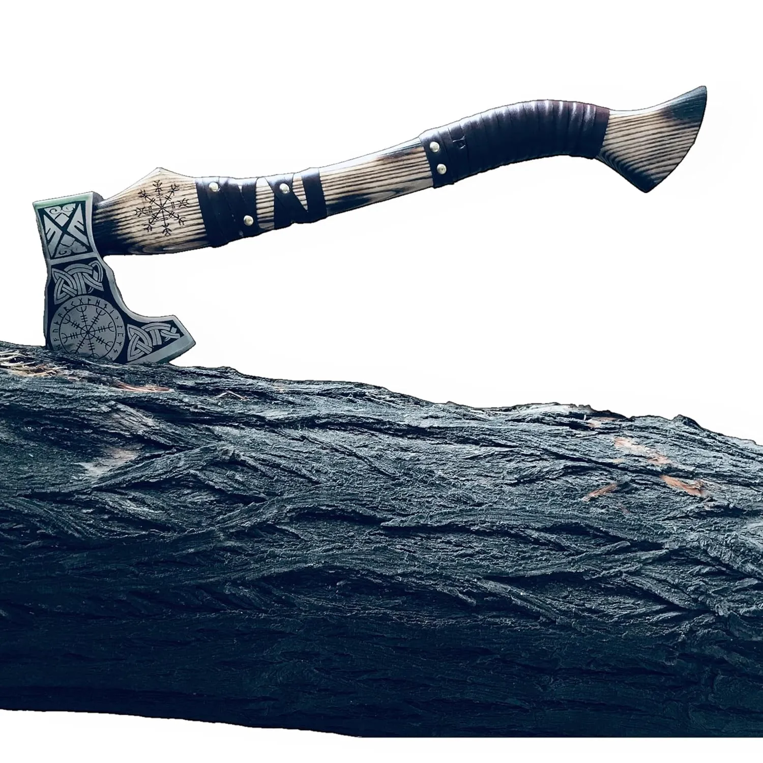 [DARK WARRIOR] Handmade Forged Carbon Steel Aegishjalmr Viking Axe with Sheath - Traditional Norse Bearded Axe Hatchet - 'Helm of Awe' Symbol Hand Craved Solid Handle (Aegishjalmr Viking Axe 22")