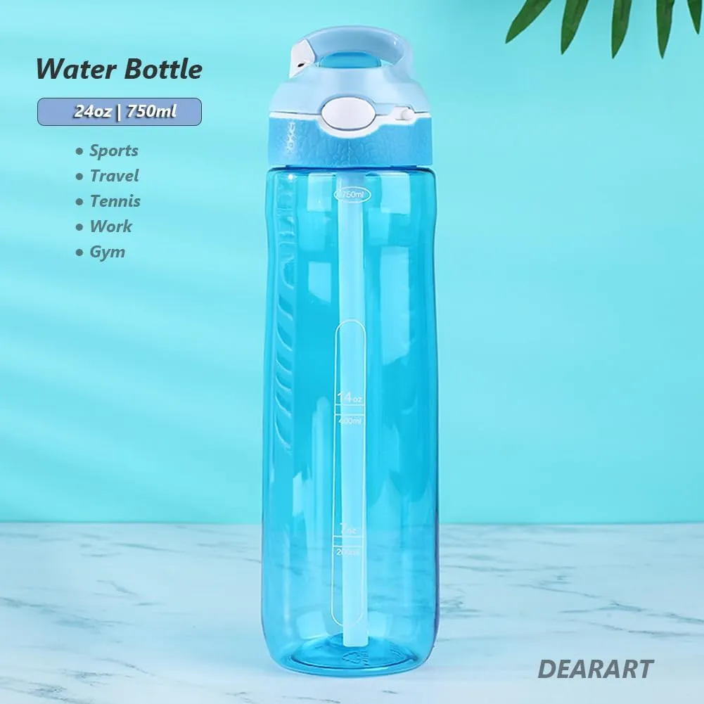 DEARART 2-Pack 24oz Light Blue & Black Water Bottles With Straw, Leakproof BPA FREE Hidden Nozzle, Flip Up Lid Has Handle Wide Bottle Easy Clear, Suit Office Outdoor Sports Travel Gym.