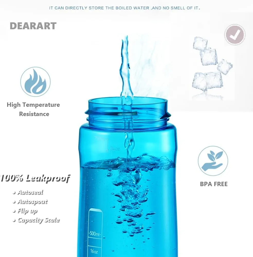 DEARART 2-Pack 24oz Light Blue & Black Water Bottles With Straw, Leakproof BPA FREE Hidden Nozzle, Flip Up Lid Has Handle Wide Bottle Easy Clear, Suit Office Outdoor Sports Travel Gym.