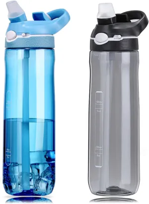 DEARART 2-Pack 24oz Light Blue & Black Water Bottles With Straw, Leakproof BPA FREE Hidden Nozzle, Flip Up Lid Has Handle Wide Bottle Easy Clear, Suit Office Outdoor Sports Travel Gym.