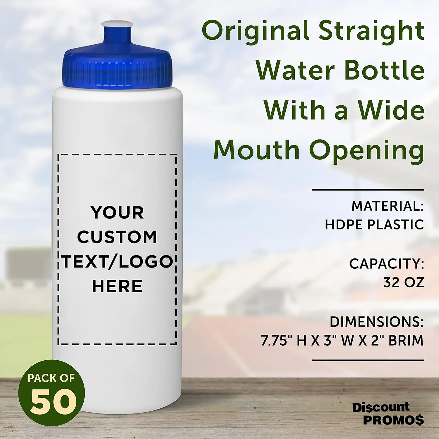 DISCOUNT PROMOS Custom HDPE Plastic Leak-Free Bottles 32 oz. Set of 50, Personalized Bulk Pack - BPA Free, Great for Gym, Camping, Backpacking, School - Trans Blue