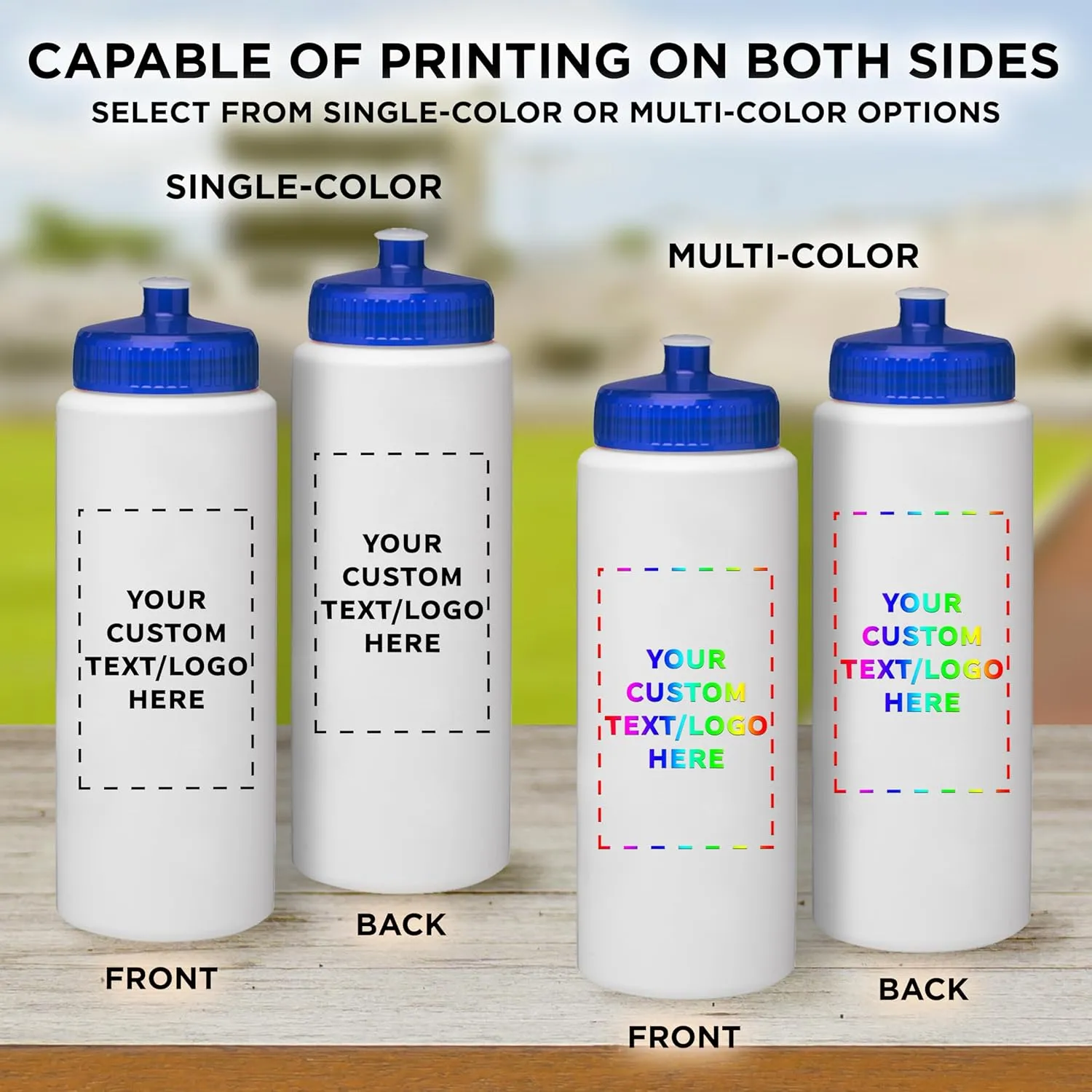 DISCOUNT PROMOS Custom HDPE Plastic Leak-Free Bottles 32 oz. Set of 50, Personalized Bulk Pack - BPA Free, Great for Gym, Camping, Backpacking, School - Trans Blue
