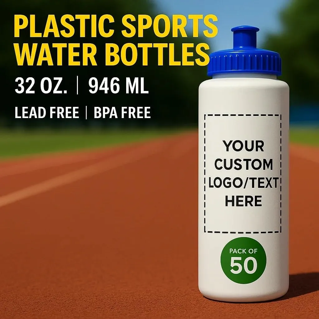 DISCOUNT PROMOS Custom HDPE Plastic Leak-Free Bottles 32 oz. Set of 50, Personalized Bulk Pack - BPA Free, Great for Gym, Camping, Backpacking, School - Trans Blue