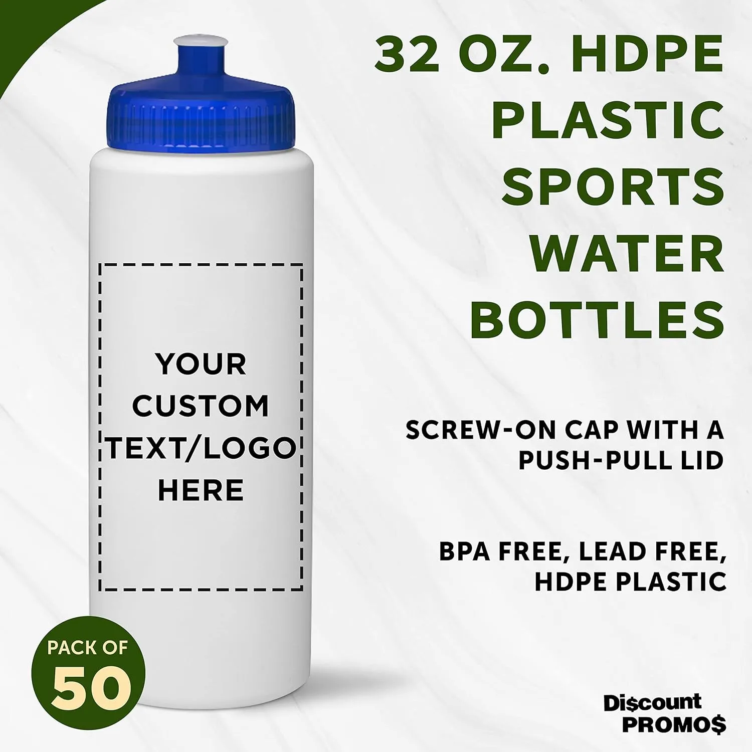 DISCOUNT PROMOS Custom HDPE Plastic Leak-Free Bottles 32 oz. Set of 50, Personalized Bulk Pack - BPA Free, Great for Gym, Camping, Backpacking, School - Trans Blue