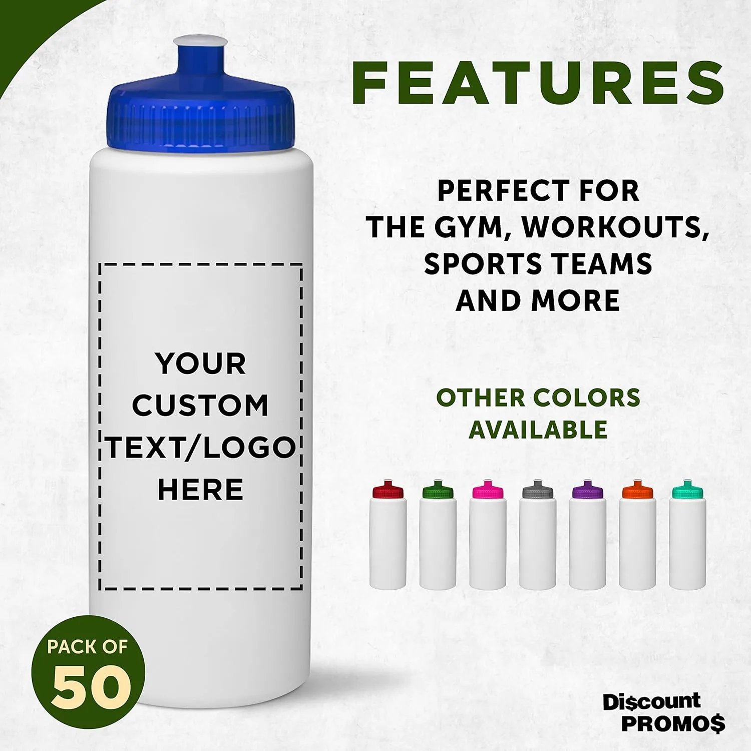DISCOUNT PROMOS Custom HDPE Plastic Leak-Free Bottles 32 oz. Set of 50, Personalized Bulk Pack - BPA Free, Great for Gym, Camping, Backpacking, School - Trans Blue