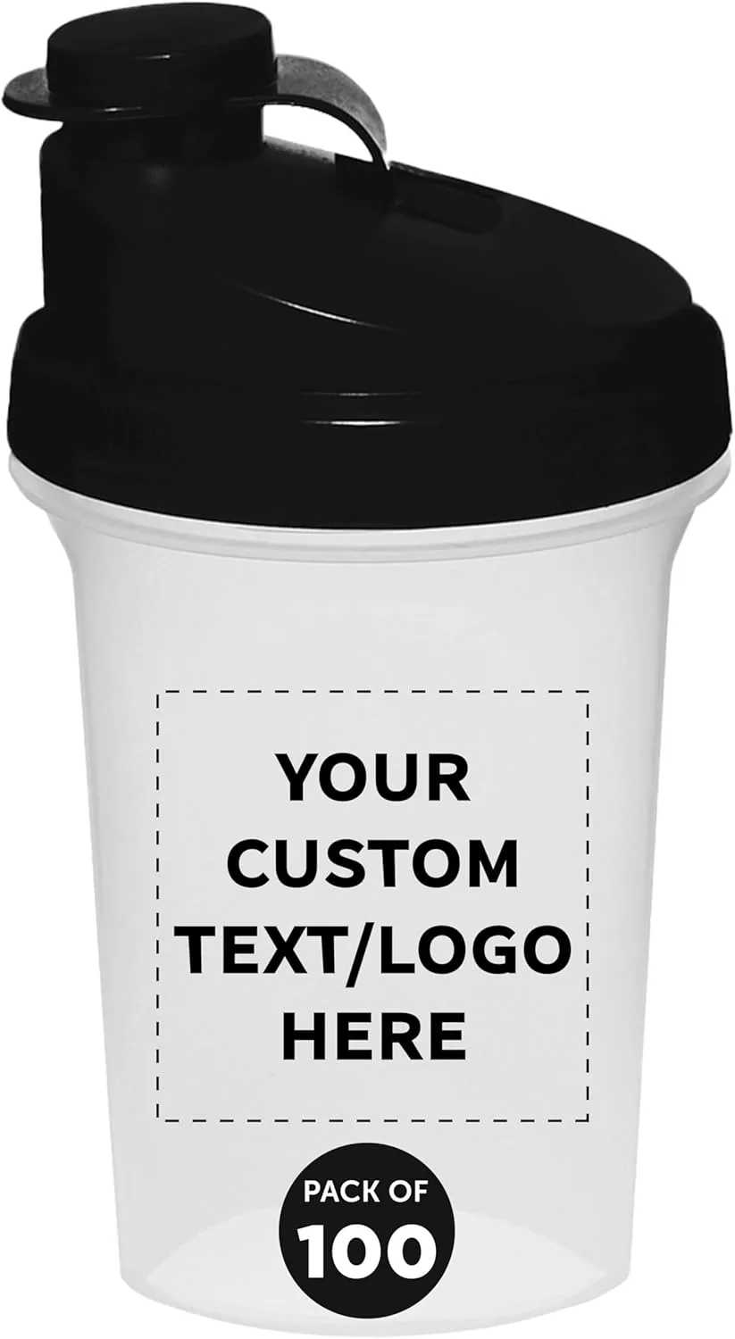 DISCOUNT PROMOS Custom Plastic Shaker Bottles 16 oz. Set of 100, Personalized Bulk Pack - Protein Mixer Cup with Flip Top Lid, BPA Free - Black