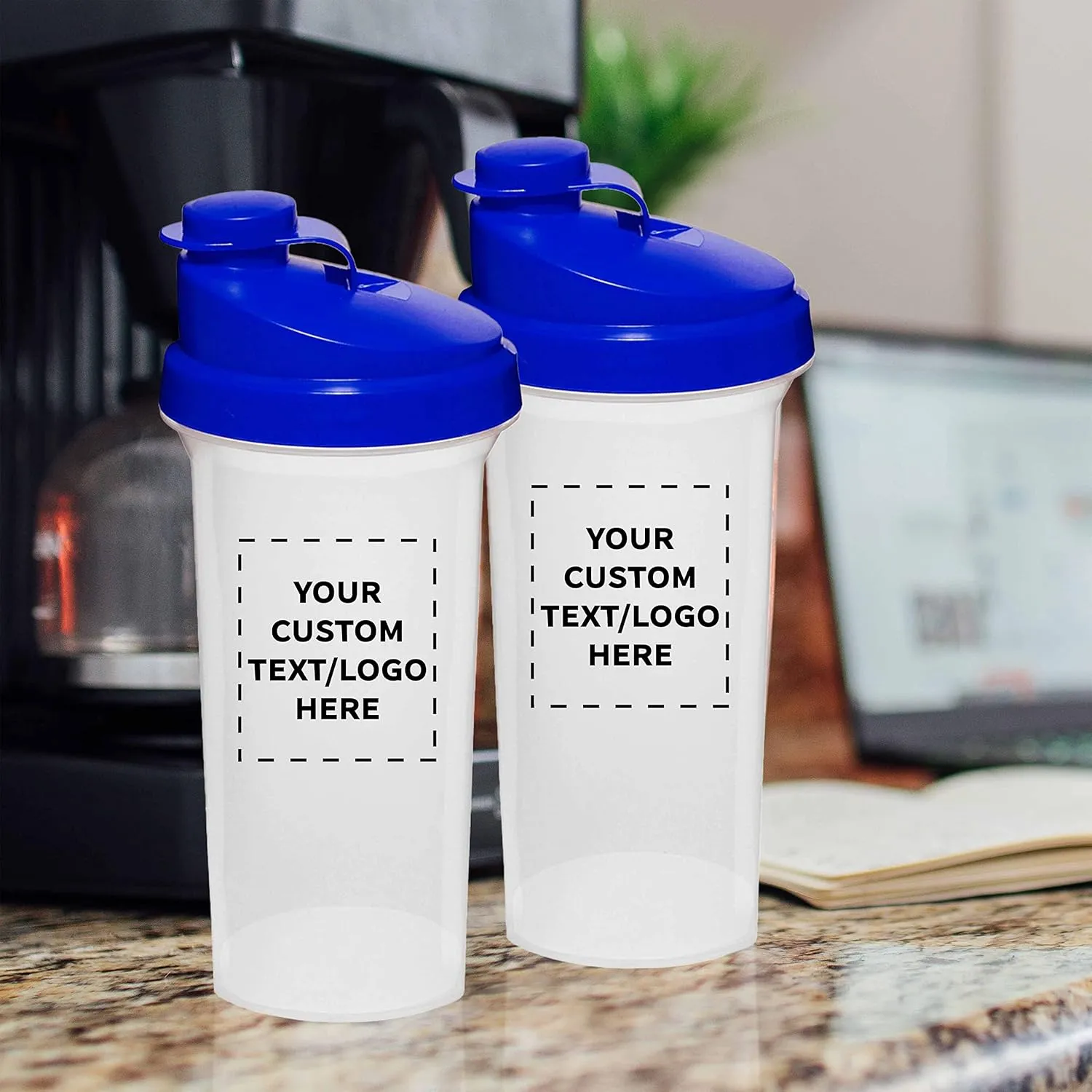 DISCOUNT PROMOS Custom Plastic Shaker Bottles 25 oz. Set of 100, Personalized Bulk Pack - Protein Mixer Cup with Flip Top Lid, BPA Free - Blue