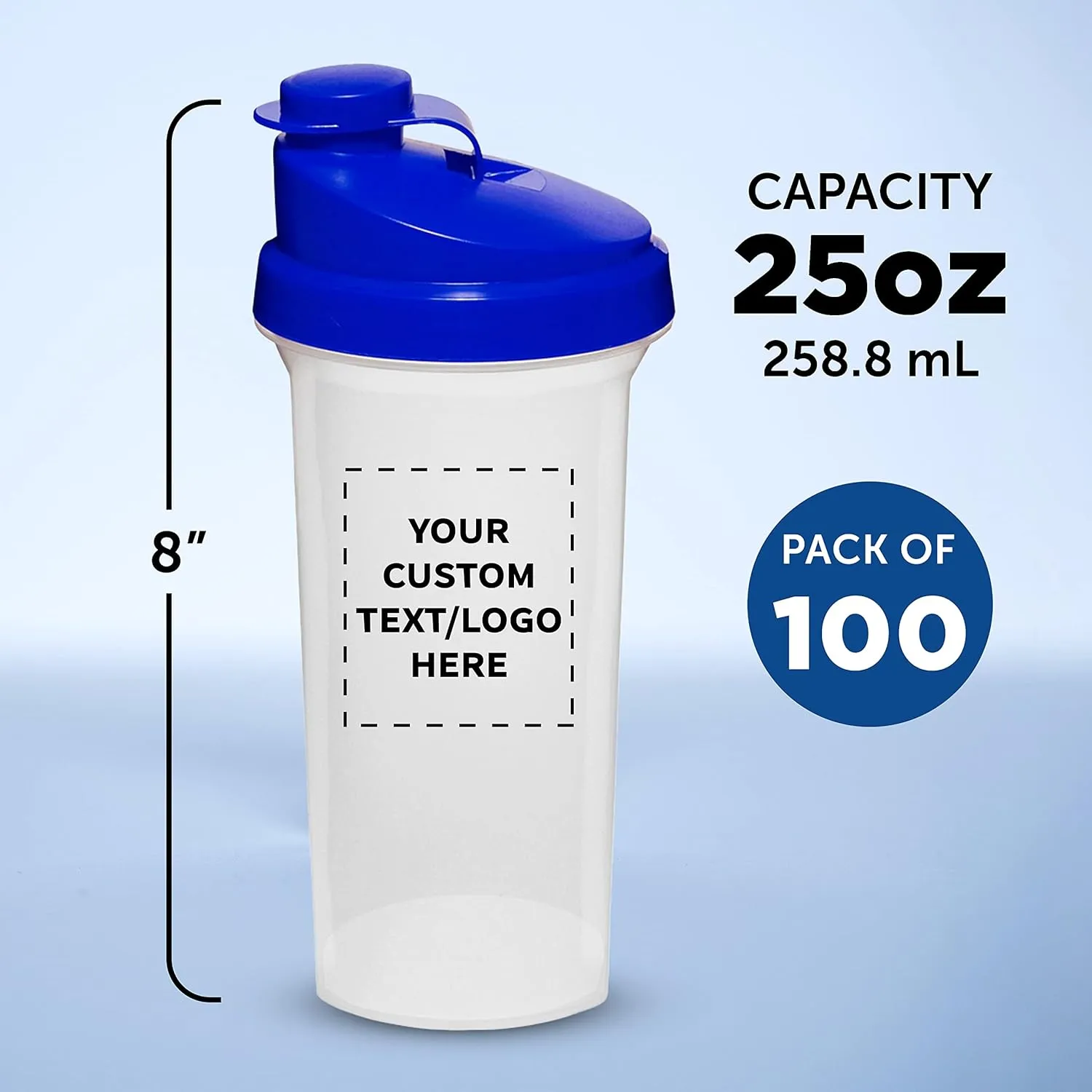 DISCOUNT PROMOS Custom Plastic Shaker Bottles 25 oz. Set of 100, Personalized Bulk Pack - Protein Mixer Cup with Flip Top Lid, BPA Free - Blue