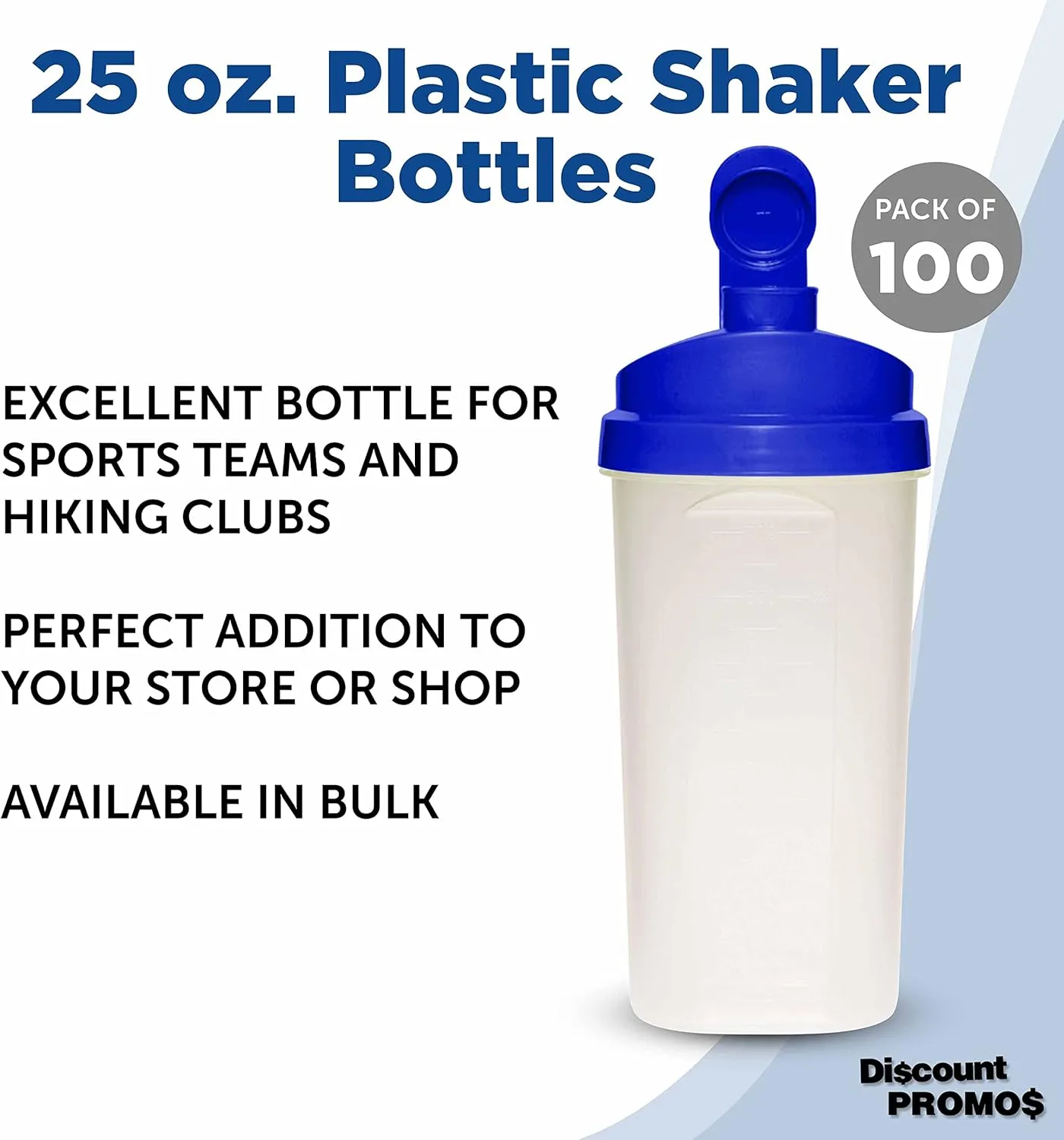 DISCOUNT PROMOS Custom Plastic Shaker Bottles 25 oz. Set of 100, Personalized Bulk Pack - Protein Mixer Cup with Flip Top Lid, BPA Free - Blue