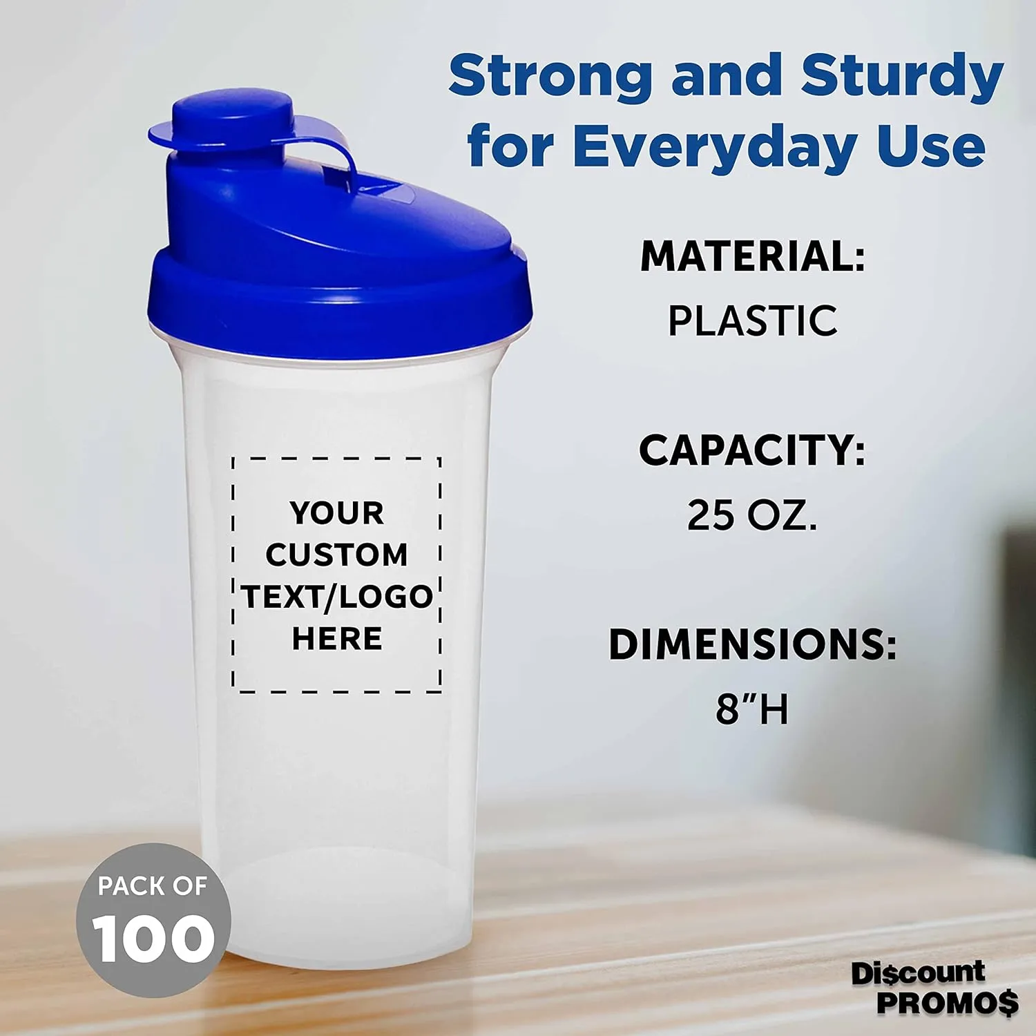 DISCOUNT PROMOS Custom Plastic Shaker Bottles 25 oz. Set of 100, Personalized Bulk Pack - Protein Mixer Cup with Flip Top Lid, BPA Free - Blue