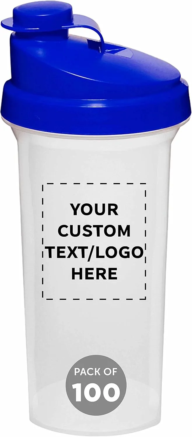 DISCOUNT PROMOS Custom Plastic Shaker Bottles 25 oz. Set of 100, Personalized Bulk Pack - Protein Mixer Cup with Flip Top Lid, BPA Free - Blue