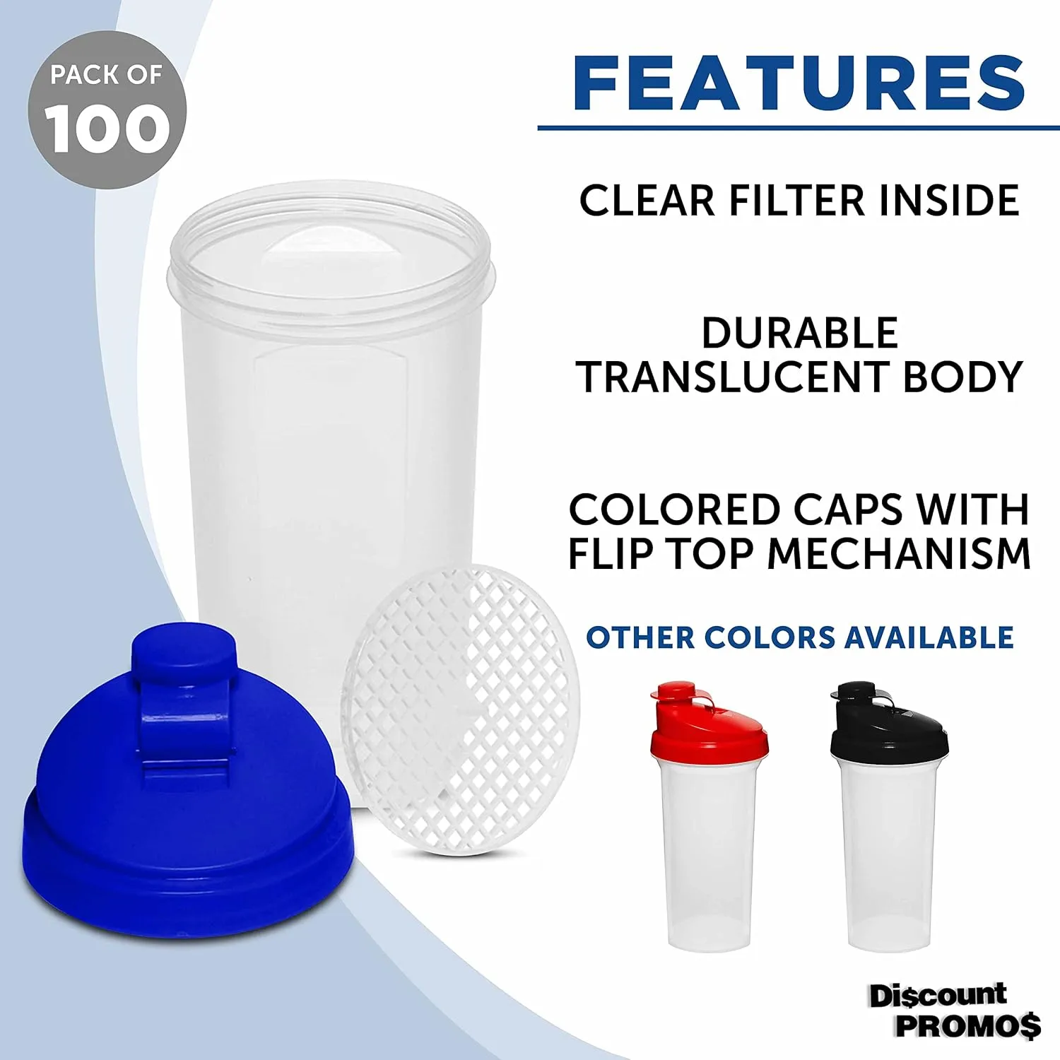 DISCOUNT PROMOS Custom Plastic Shaker Bottles 25 oz. Set of 100, Personalized Bulk Pack - Protein Mixer Cup with Flip Top Lid, BPA Free - Blue