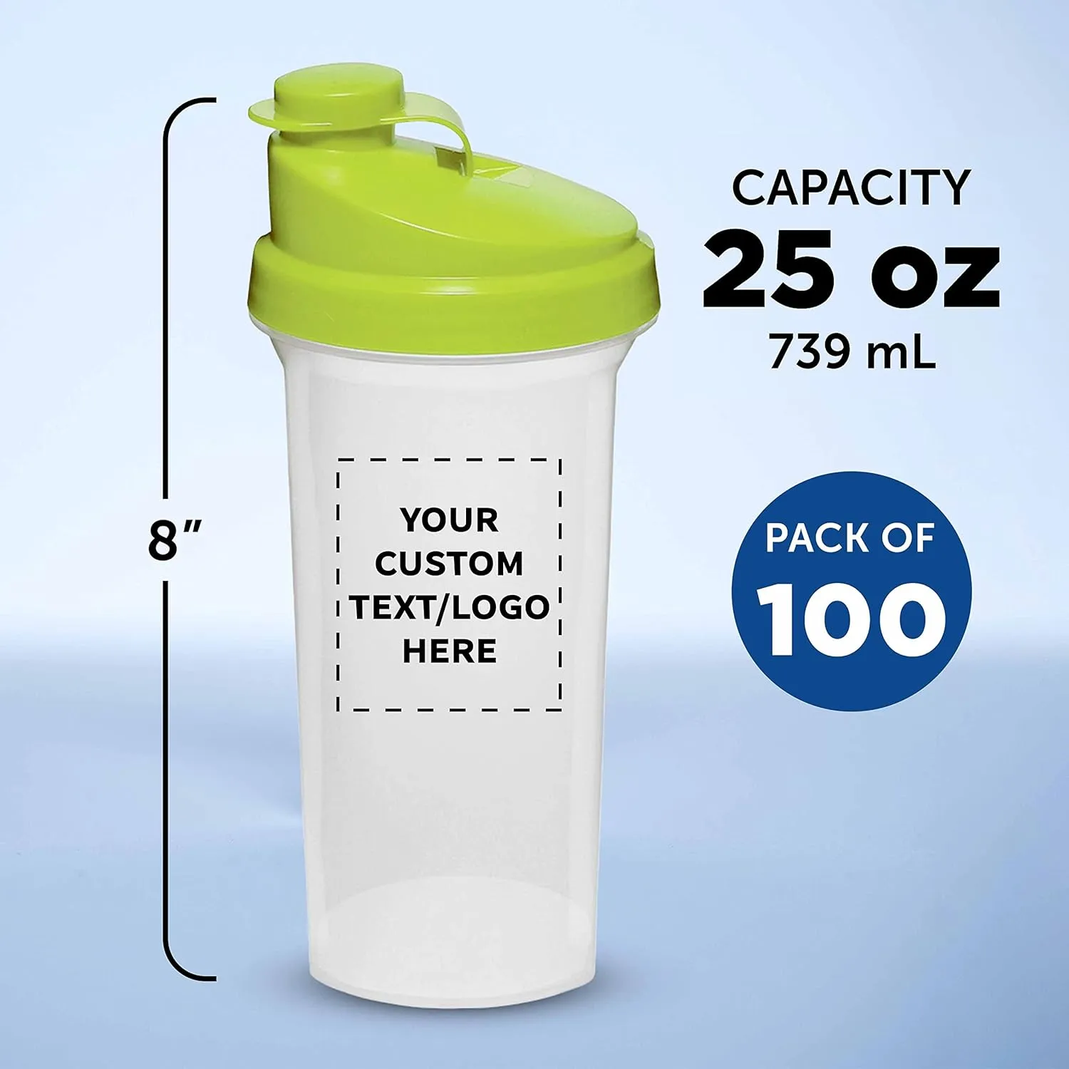 DISCOUNT PROMOS Custom Plastic Shaker Bottles 25 oz. Set of 100, Personalized Bulk Pack - Protein Mixer Cup with Flip Top Lid, BPA Free - Lime Green