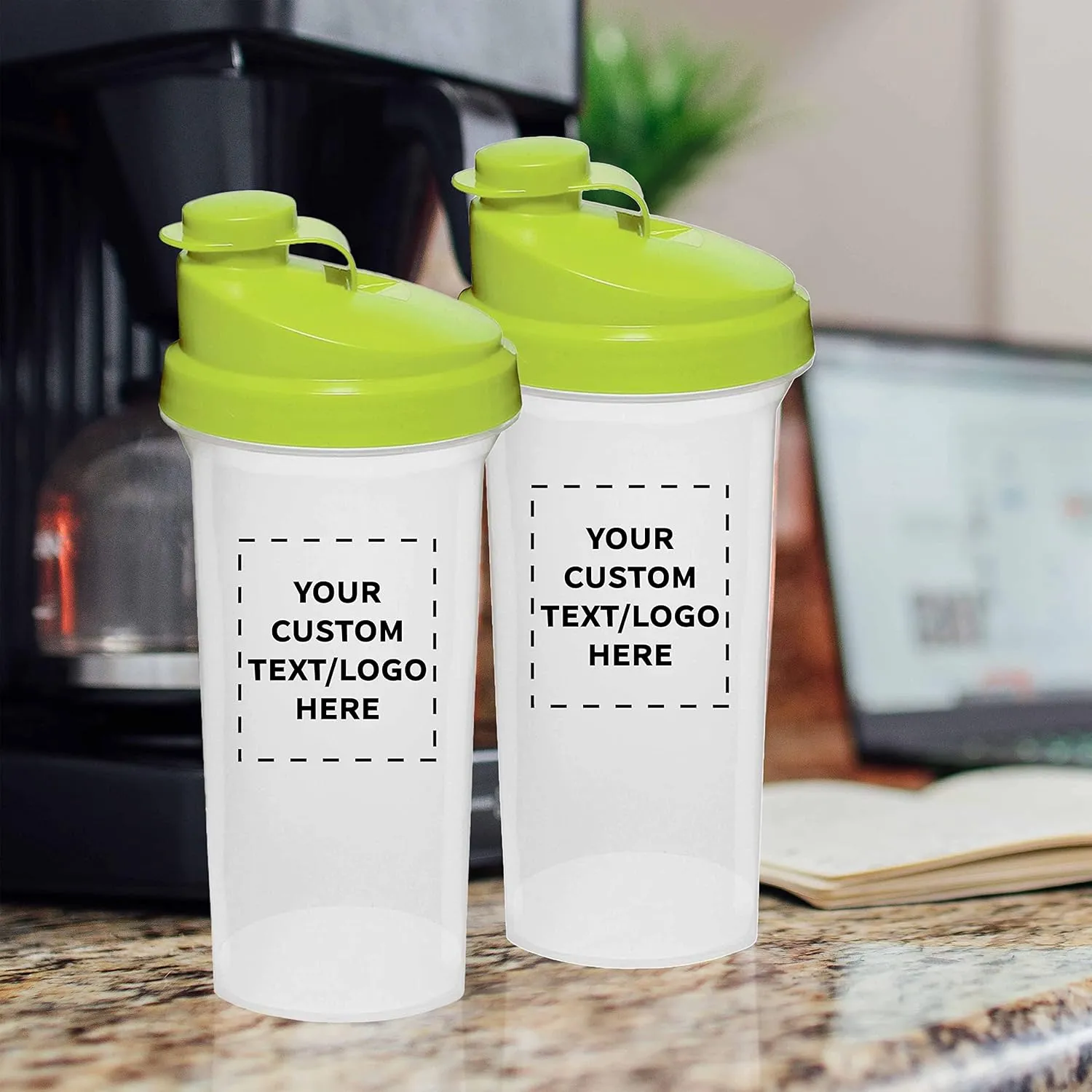 DISCOUNT PROMOS Custom Plastic Shaker Bottles 25 oz. Set of 100, Personalized Bulk Pack - Protein Mixer Cup with Flip Top Lid, BPA Free - Lime Green