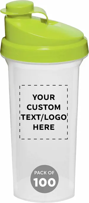 DISCOUNT PROMOS Custom Plastic Shaker Bottles 25 oz. Set of 100, Personalized Bulk Pack - Protein Mixer Cup with Flip Top Lid, BPA Free - Lime Green