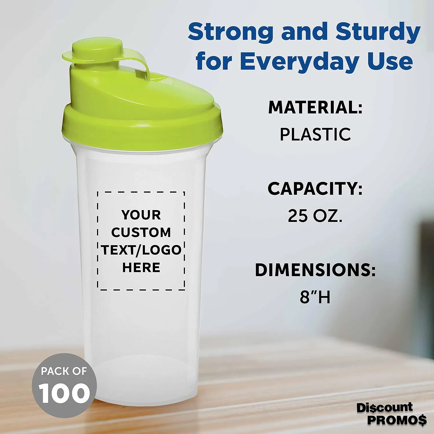 DISCOUNT PROMOS Custom Plastic Shaker Bottles 25 oz. Set of 100, Personalized Bulk Pack - Protein Mixer Cup with Flip Top Lid, BPA Free - Lime Green