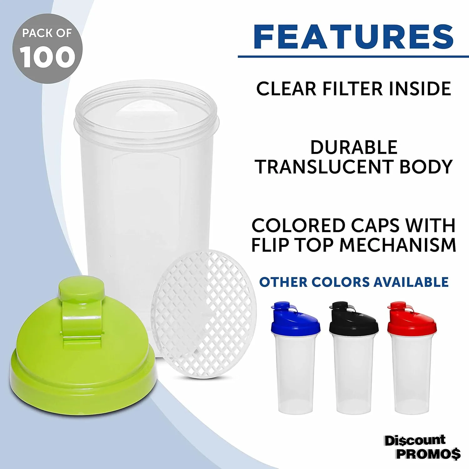 DISCOUNT PROMOS Custom Plastic Shaker Bottles 25 oz. Set of 100, Personalized Bulk Pack - Protein Mixer Cup with Flip Top Lid, BPA Free - Lime Green