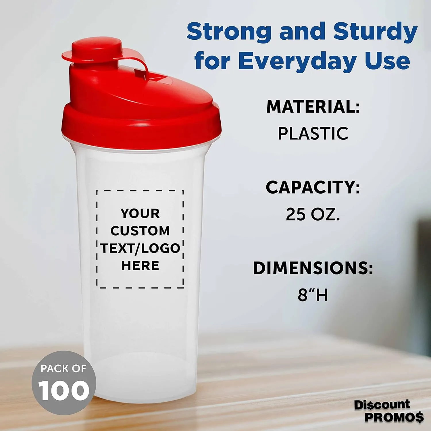 DISCOUNT PROMOS Custom Plastic Shaker Bottles 25 oz. Set of 100, Personalized Bulk Pack - Protein Mixer Cup with Flip Top Lid, BPA Free - Red