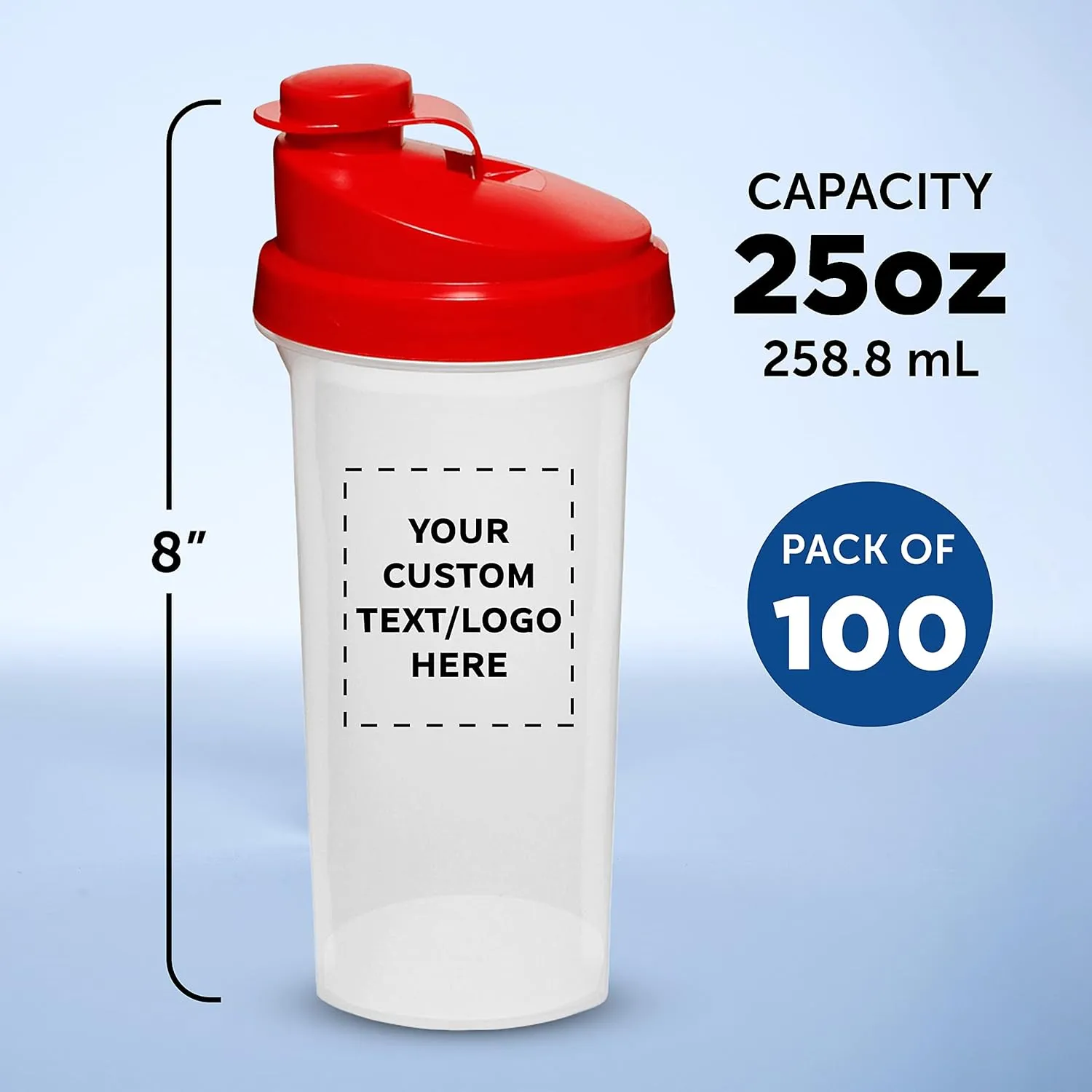 DISCOUNT PROMOS Custom Plastic Shaker Bottles 25 oz. Set of 100, Personalized Bulk Pack - Protein Mixer Cup with Flip Top Lid, BPA Free - Red
