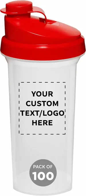 DISCOUNT PROMOS Custom Plastic Shaker Bottles 25 oz. Set of 100, Personalized Bulk Pack - Protein Mixer Cup with Flip Top Lid, BPA Free - Red