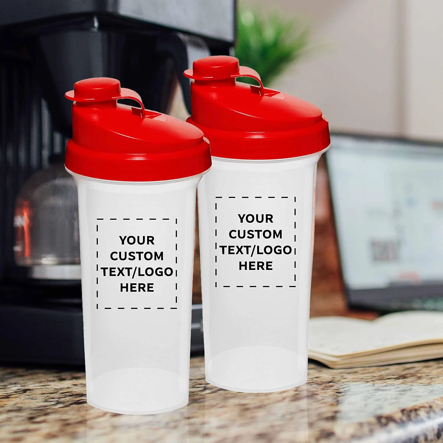 DISCOUNT PROMOS Custom Plastic Shaker Bottles 25 oz. Set of 100, Personalized Bulk Pack - Protein Mixer Cup with Flip Top Lid, BPA Free - Red